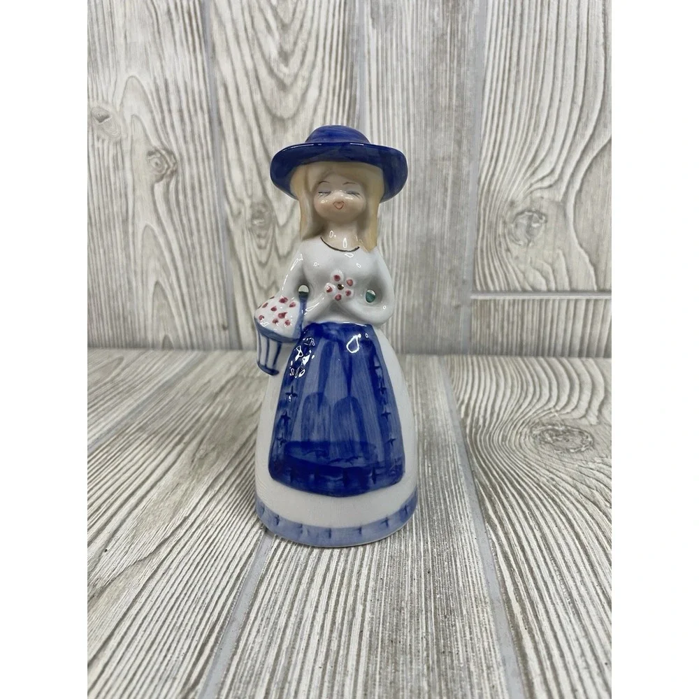 Porcelain Figural Bell Victorian Woman Girl Blueware Dinner Bell Flowers 5.5